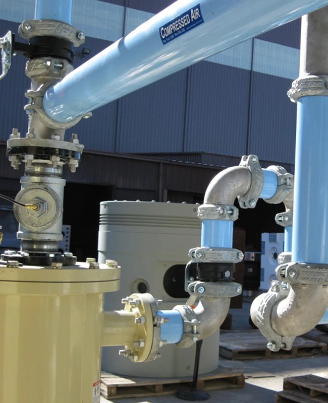 Elevation piping and fittings connected to air compressor